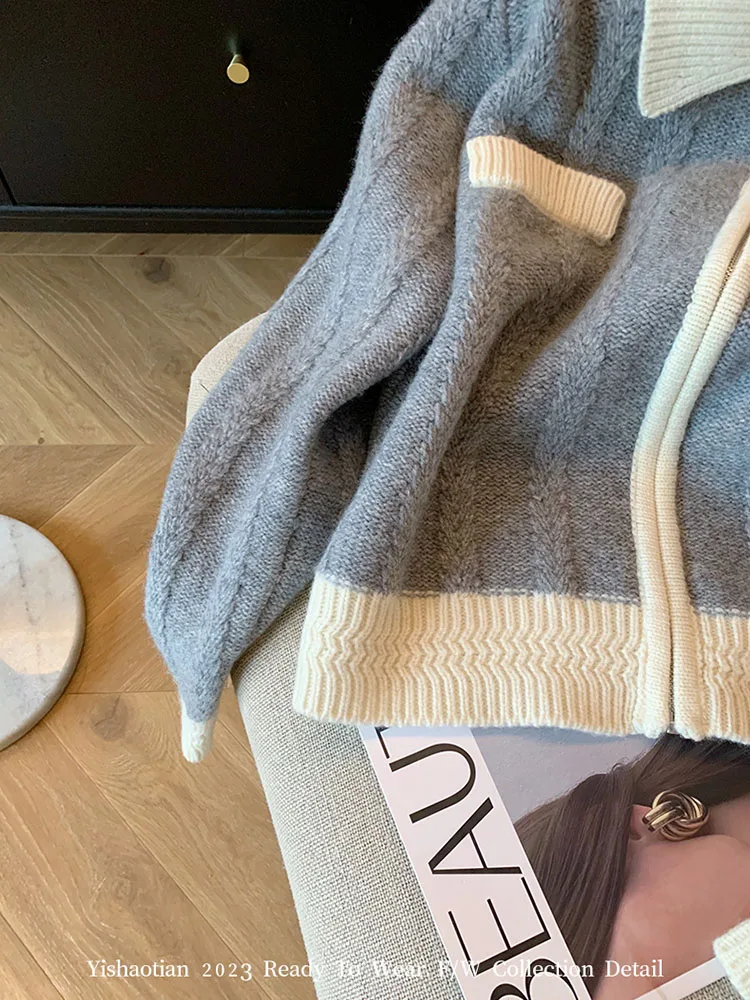 Korean Autumn Women Grey Cashmere Top Single Breasted Cozy Sweater Fashion Simple Cardigans Casual Cozy Outerwear Preppy Style