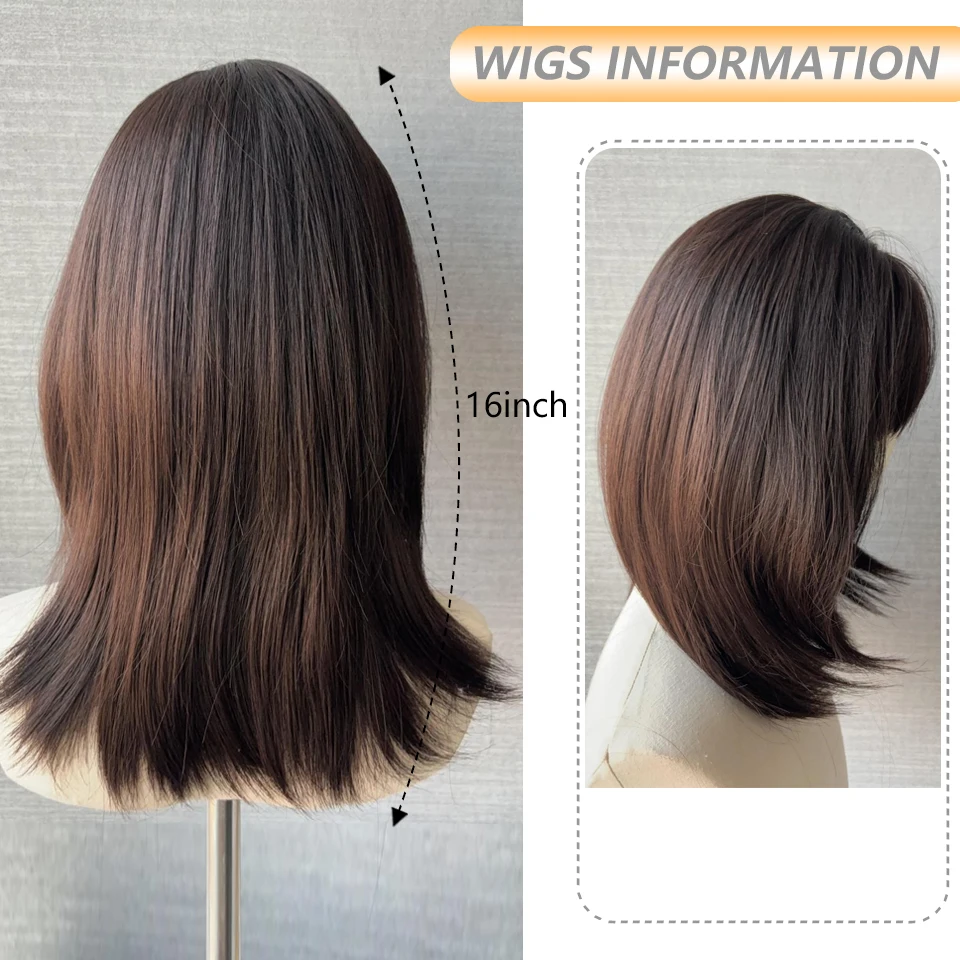 Cold Brown Wig for Women Medium Long Straight Hair Natural Simulation Daily Use Wig with Bangs Short Hair Bob Synthetic Wig