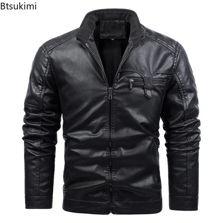 New Fashion Men's Stand Collar PU Leather Jackets Autumn Winter Thicken Warm Leather Coats Man Outdoor Motorcycle Riding Clothes