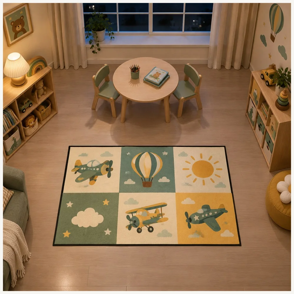 VIKAMA Kids Play Cream Yellow Green Plane Flannel Door Mat, Non-Slip Entryway Door Mat, Home Decor for Snug, Landing, Pantry