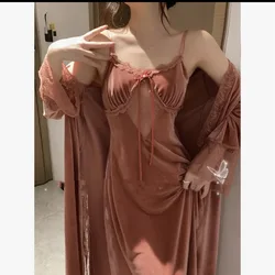 Long Elegant Robe Set Winter Autumn Sleepwear for Female Warm Velour Bathrobe Gown Sexy Lace Up Nightdress Intimate Lingerie