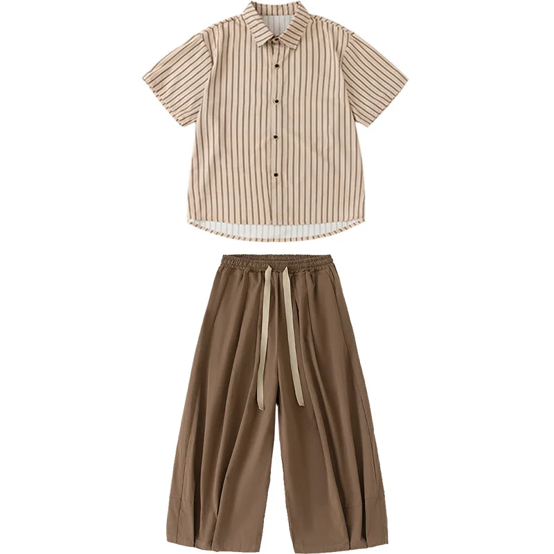 Kid Kpop Hip Hop Clothing Striped Shirt Khaki Vest Top Coffee Casual Wide Leg Pleated Pants for Girls Boys Dance Costume Clothes