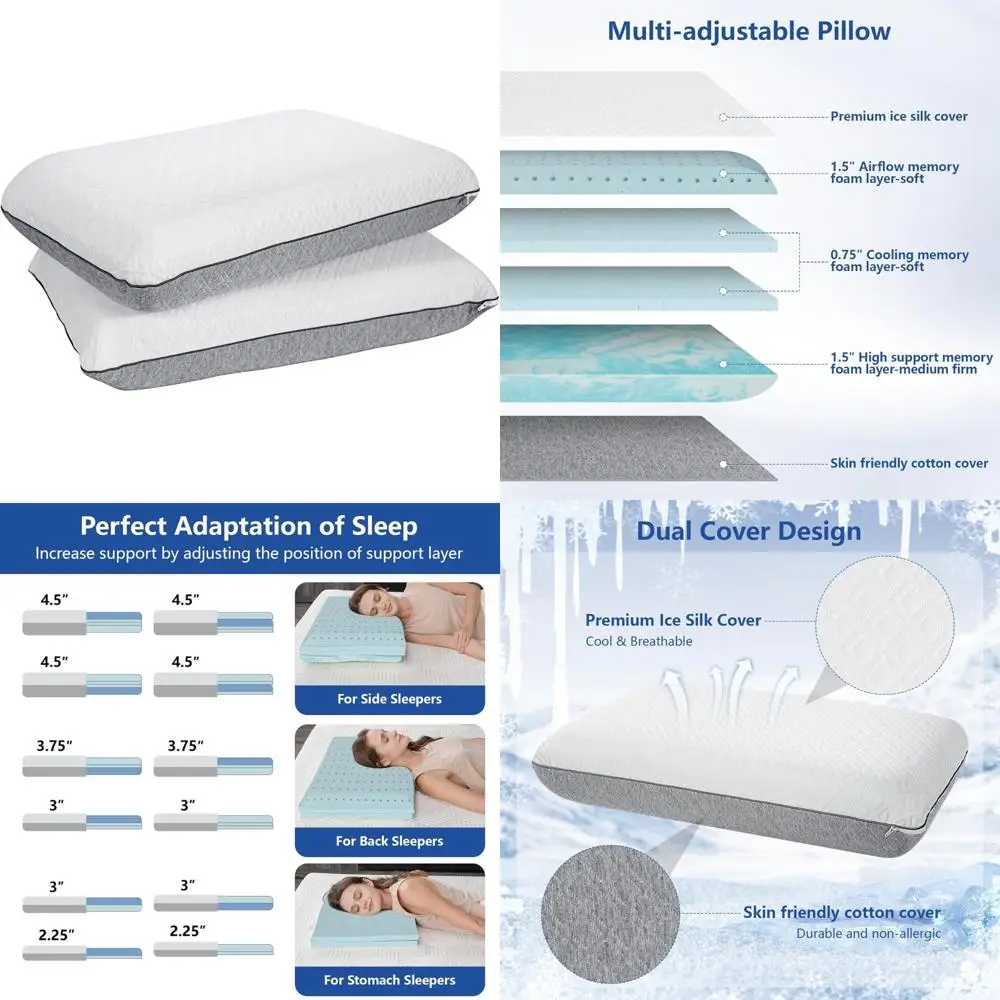 

Adjustable Cooling Memory Foam Pillows for Side Sleepers - Set of 2, Soft to Firm, 16 Height Options, 0.75 to 4.5 Inches