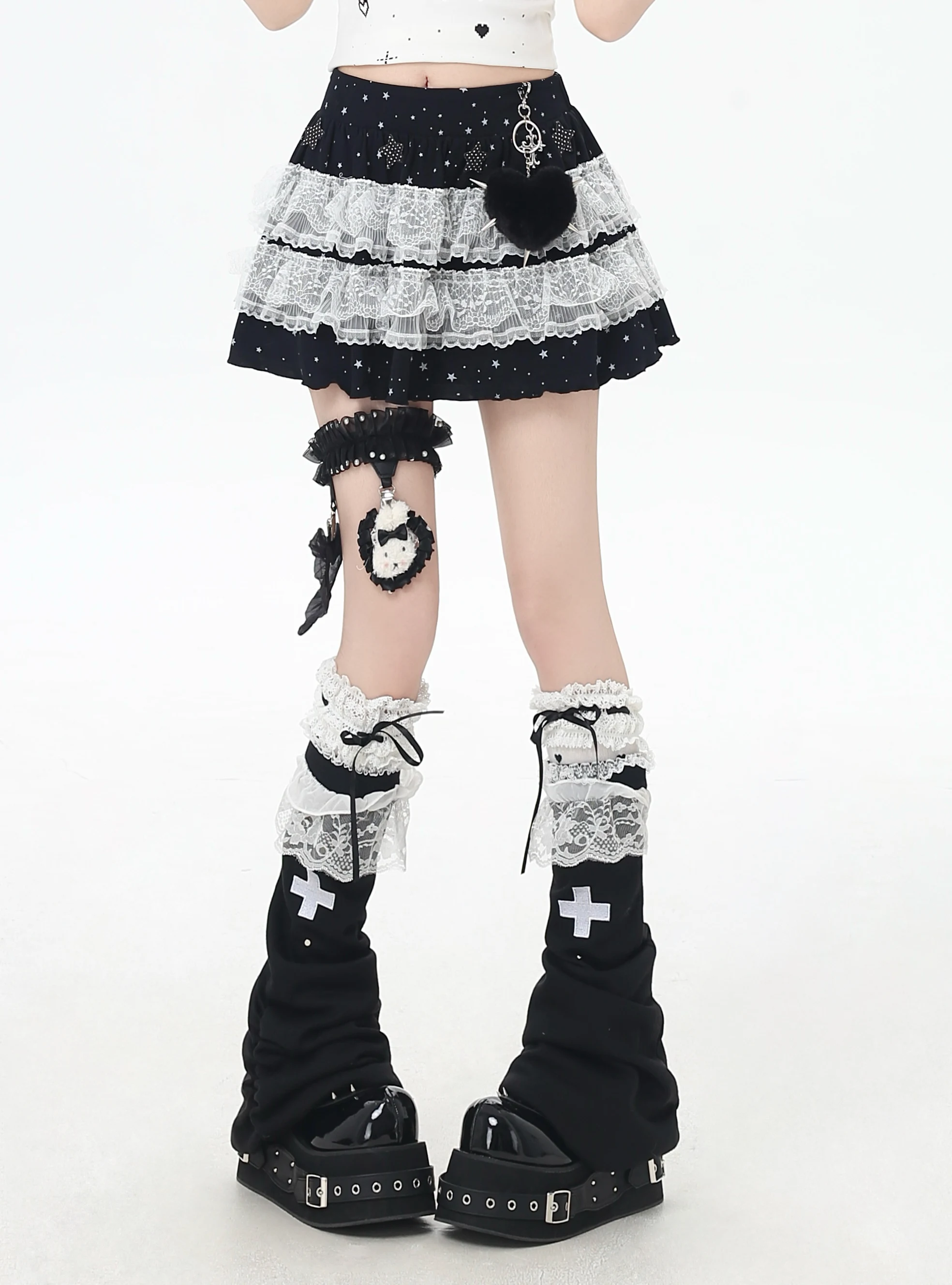 Original doce legal subcultura menina rendas retalhos saias curtas estrela impressão cintura alta a linha versátil bolo saia feminina verão