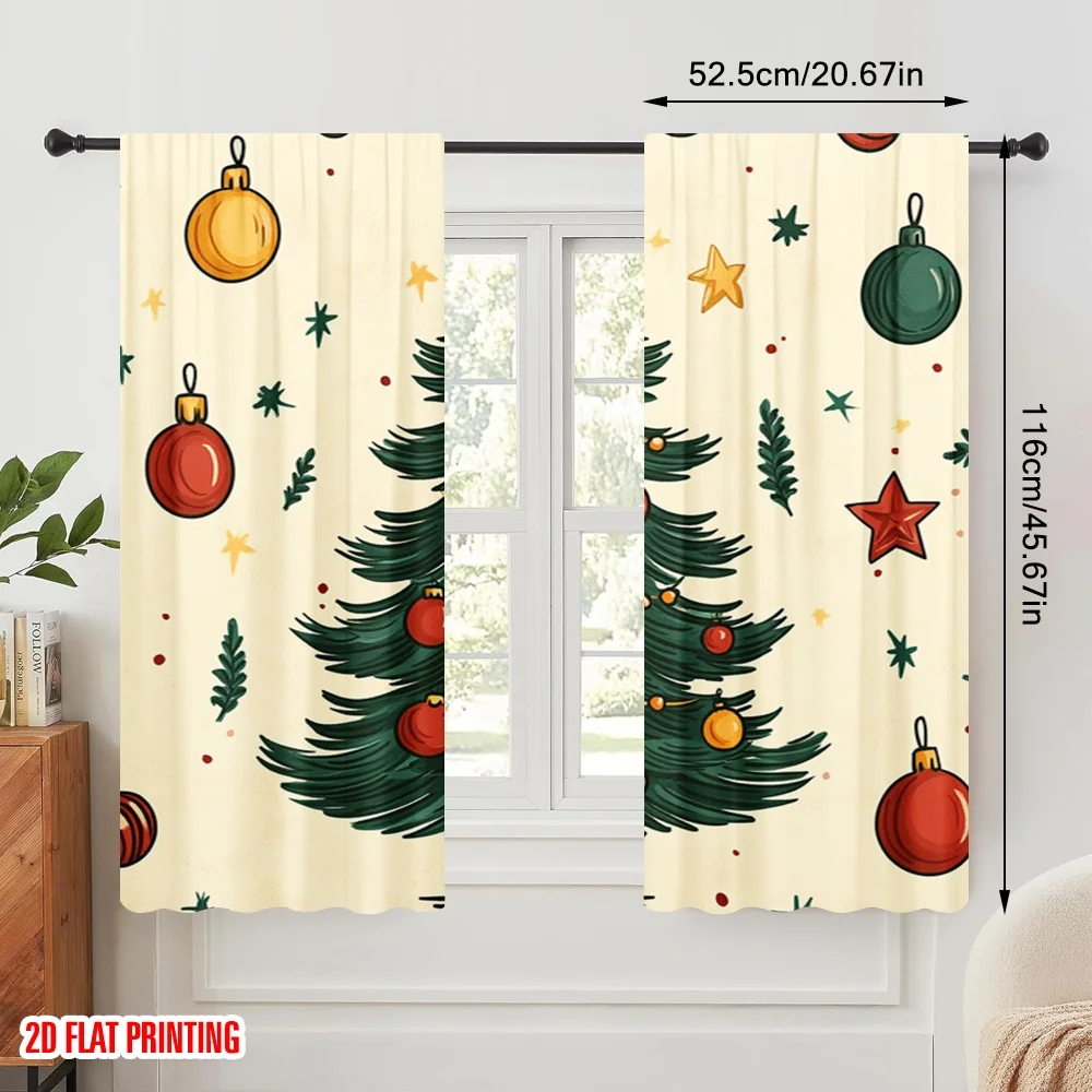 2pcs,2D plane printing Pattern Curtains Christmas Tree Baubles Festive_a (2) Versatile Polyester (without rod) Art Deco Festive