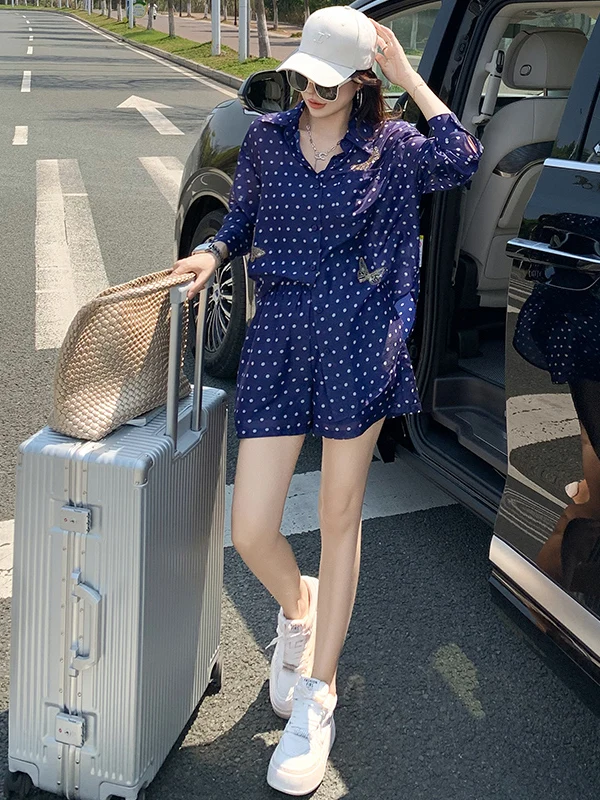 

Chic Korean Style Casual Sports Set Women's Autumn New Thin Polka Dot Sun Protection Shirt Short Pants Two Piece Set