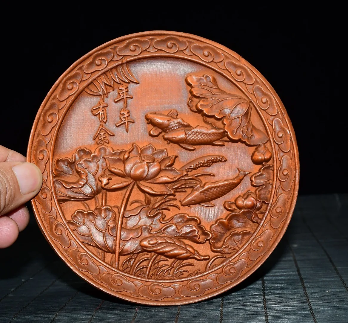 Old Boxwood High relief sculpture Carp and Lotus Pattern May there be surpluses every year Reward Plate screen Wenfang Ornaments
