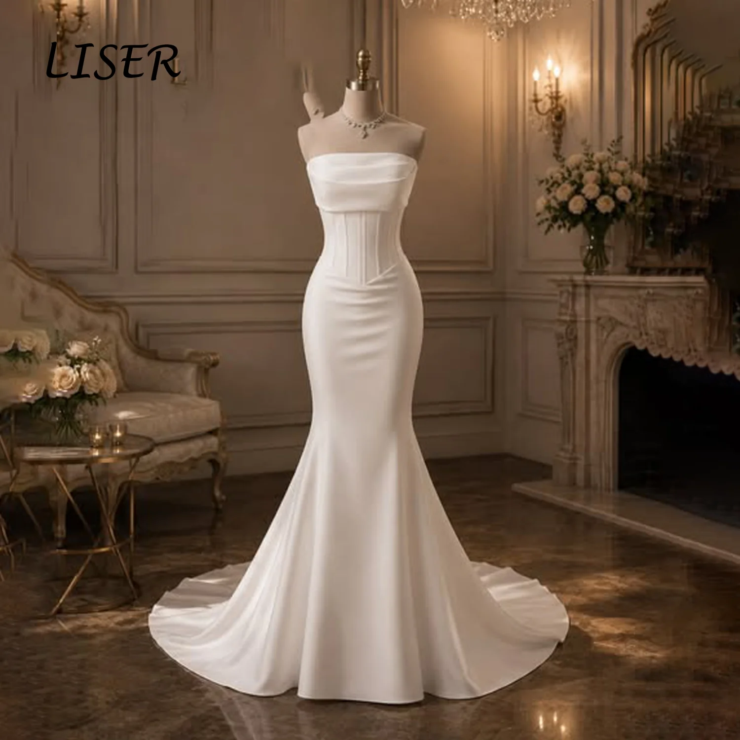 Liser Customized Ivory Strapless Fold Neck Corset Satin Mermaid Wedding Dress Fitted Waist Long Train Minimalist Bridal Gown