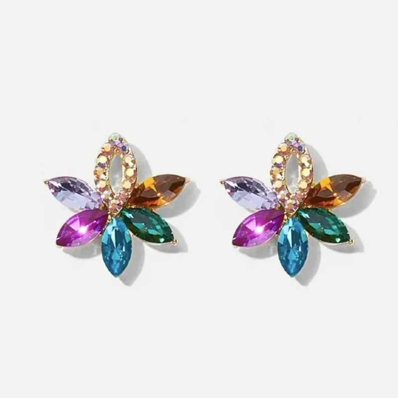 New Colorful Shining Glass Charm Stud Earrings For Women Luxury Design High-Quality Flower Unique Vintage Pendant Jewelry Gift