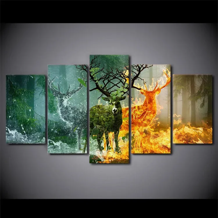 

High definition framed printed poster with 5-pack decoration featuring the spirit of nature, animals, deer, and home decor mural