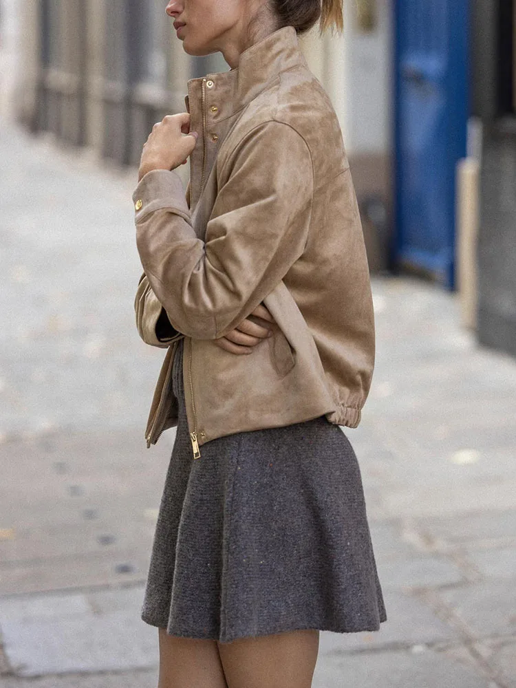 

Sweet Sle Zipper Stand Collar Faux Leather Effect Jaet New Arrival Women's ort Coat Autumn 2025 Long Sve Other Material