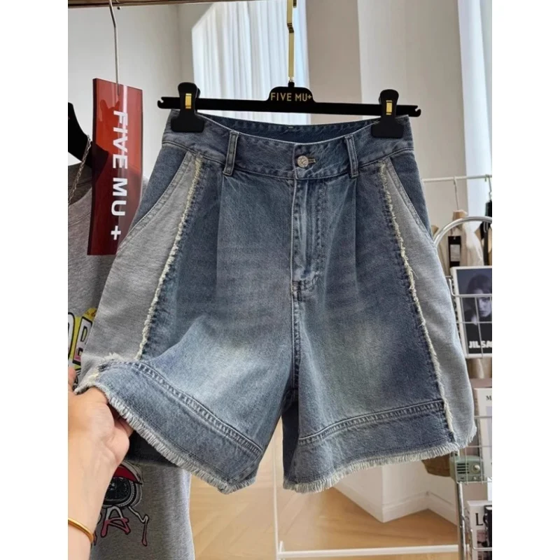 

plus Size 300 Pou Patchwork Color Blo Denim orts Men's Summer Loose Casual Five-Quarter Mid-Pants American Sle Wear ...