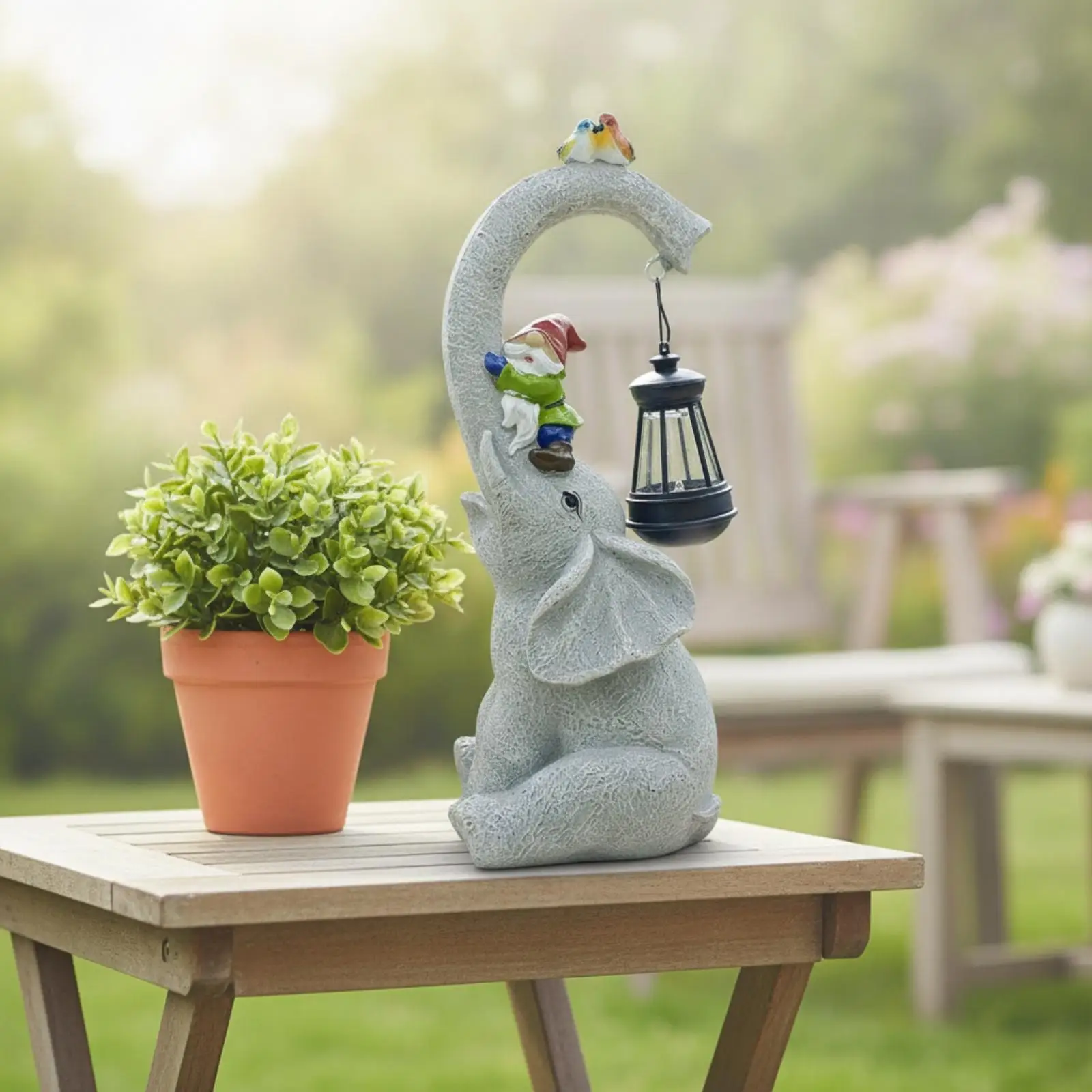 Outdoor Resin Elephant Statue with Solar Lantern and Elf Figurine for Garden Path Patio Decoration