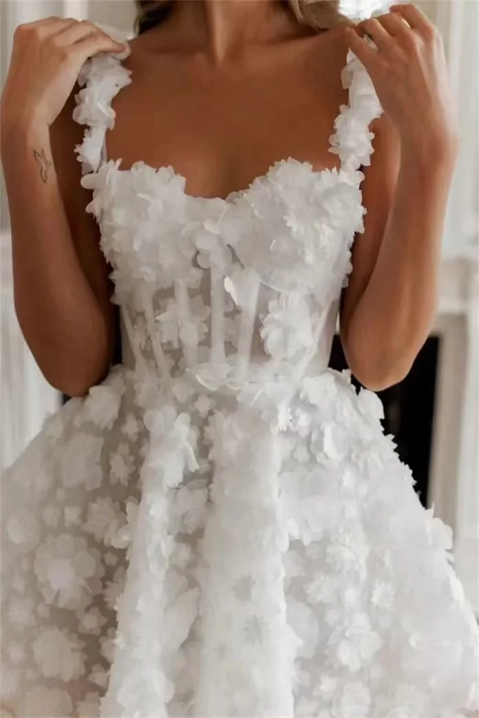 3D Floral Strap Mini Wedding Dress Sweetheart Corset Puffy Tulle Short Bridal Gown Back Button Engagement Elopement Custom Ivory