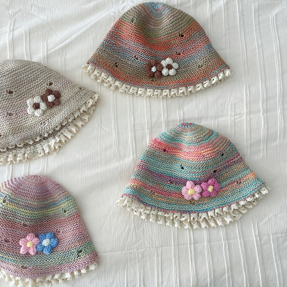 Girls Crochet Bucket Hat Rainbow Stripe Lace Trim with Flowers for Toddler Sun Protection Beach Photo Prop Fisherman's Cap