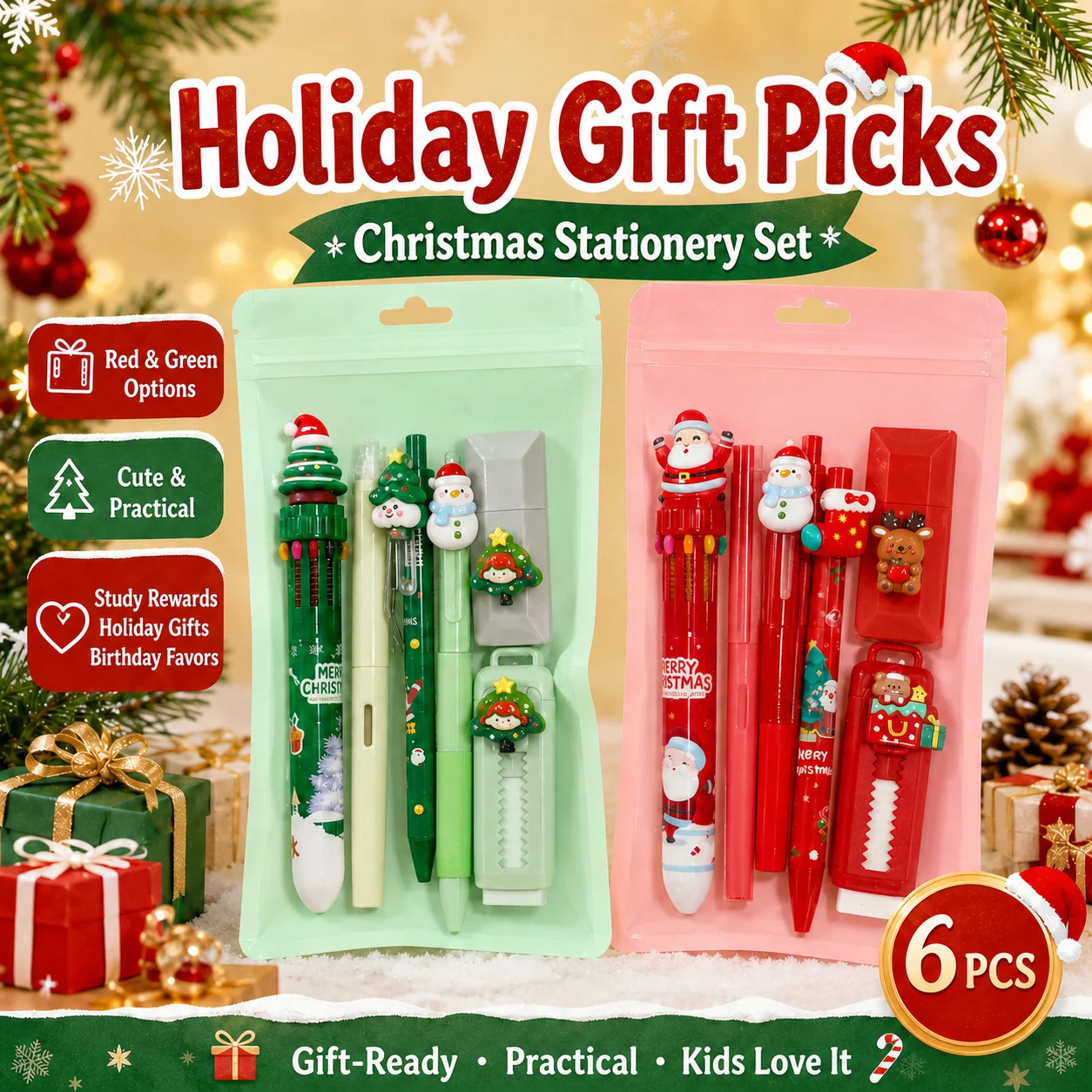 Festive Stationery Set Simple Christmas Writing Supplies Cartoon Stationery Set Cute 6 Piece Stationery Set For Birthday Party