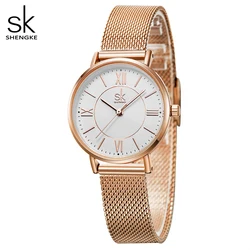 Japan Quartz Movement High Quality Shengke Women Stainless Steel Mesh Rose Gold Waterproof Ladies Watch Elegant SK Dropshipping