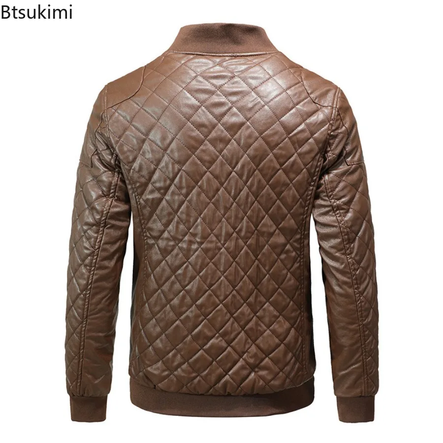 Men's Zipper Pocket Closure Hem Coats Autumn and Winter Casual Stand Collar Leather Jacket Machine Line Cotton Leather Jackets