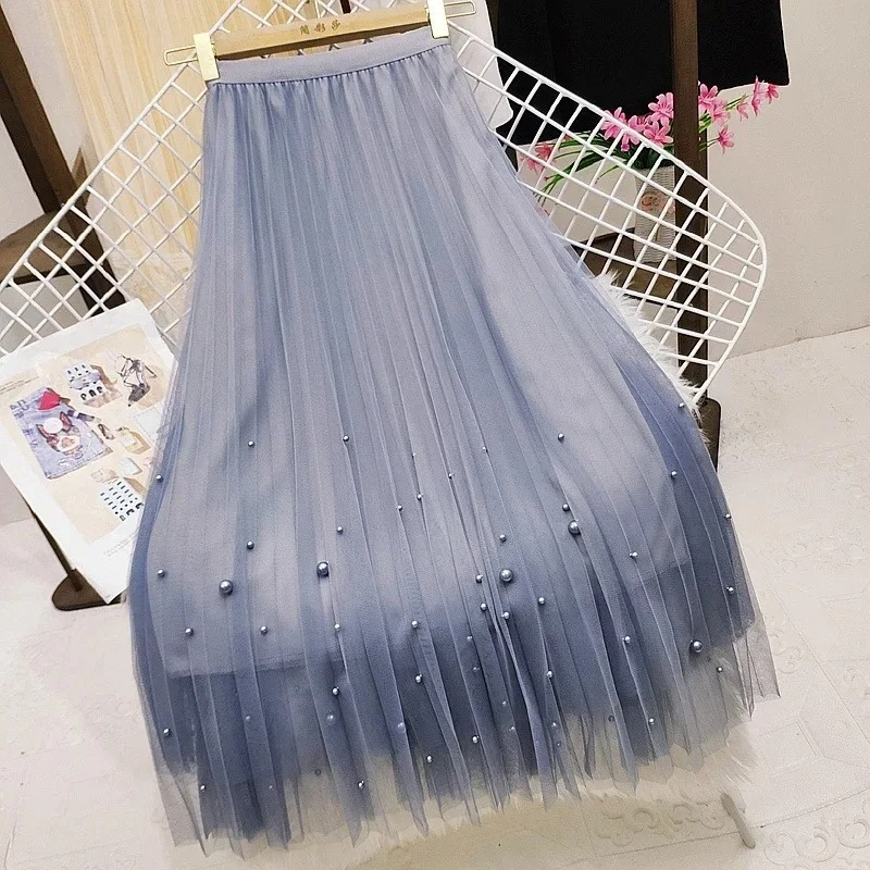 Women's Luxury Elegant Pearl Tulle Skirt Fashion High Waist A-Line Pleated Skirt Mid Length Korean Casual Style High-quality