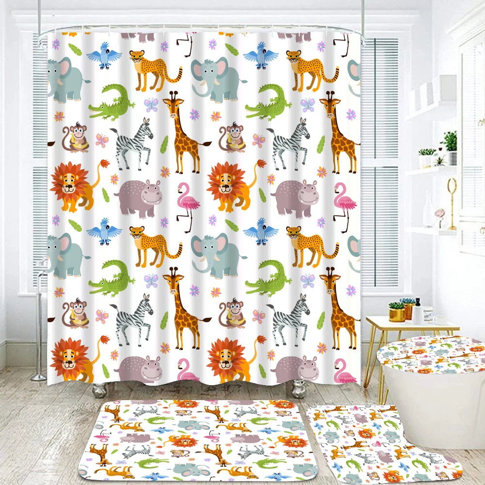 Cartoon Animal World Map Shower Curtain Set with Non-Slip Rugs Toilet Cover Bath Mat Kids Educational Geography Bathroom Curtain