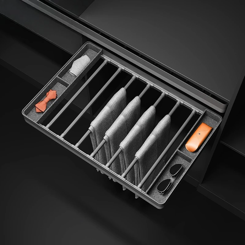 Push-pull pants rack Cloakroom Built-in telescopic rack Multifunctional buffer clothing storage basket