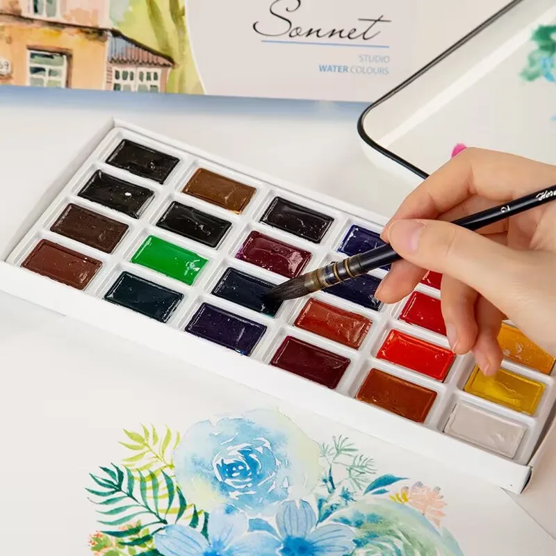 Russian White Nights Solid Watercolour Paint Set 16/24 Color Watercolor Brush for Beginners Student Drawing Art Supplies
