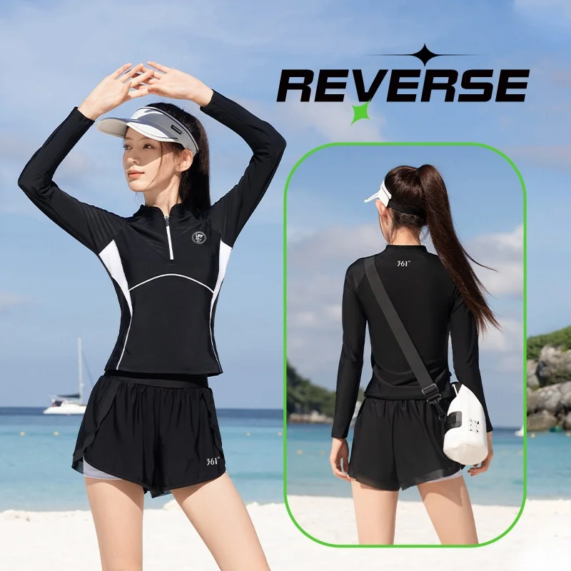 361Women Long Sleeve WaterProof Beach Surfing Athletic Push Up Swim Shirt Trunks Two Pieces Quick-Dry Sports Bathing SwimSuit