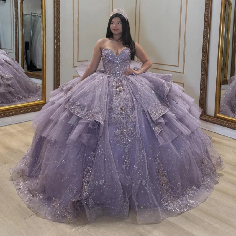 

Lavender Shiny Quinceanera Dresses Ball Gown Off The Shoulder Applique Lace Beading Crystal Bow Tull Sweet 16 Dress Vestidos De