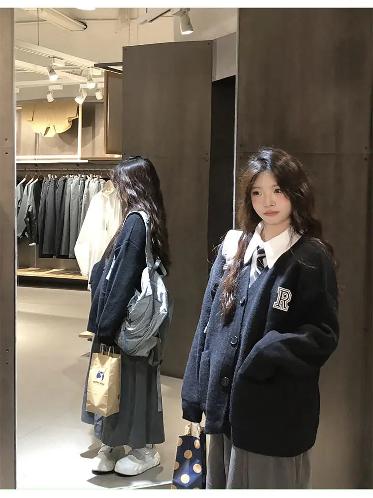 

Autumn Winter Women's Loose Knitted V-Ne Sweater Cardigan Collection Warm Thermal Long Sve Pure Color Faion Commute