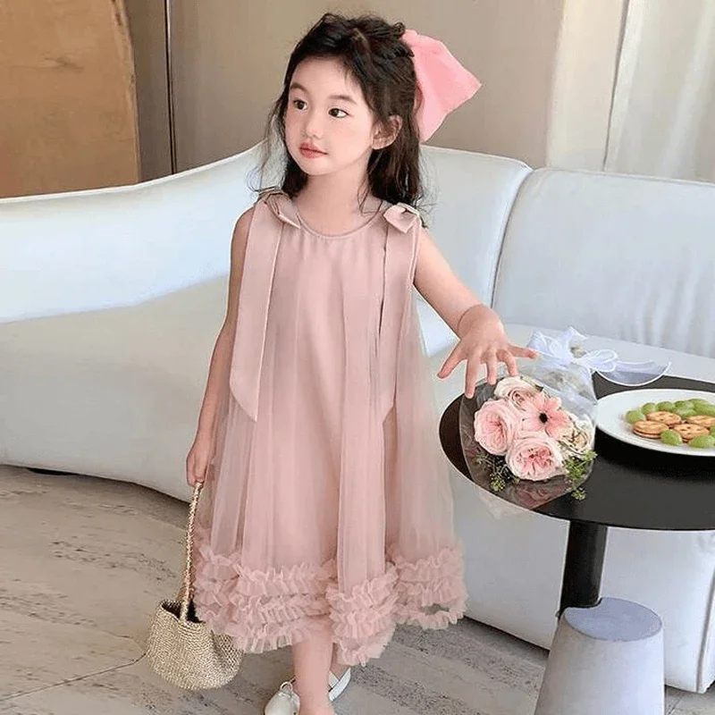 2025 Summer Girls Princess Dress  Solid Color Bowknot Mesh Sleeveless Party  Dress For 2 3 4 5 6 8 10 Years Fashion Ball Gown