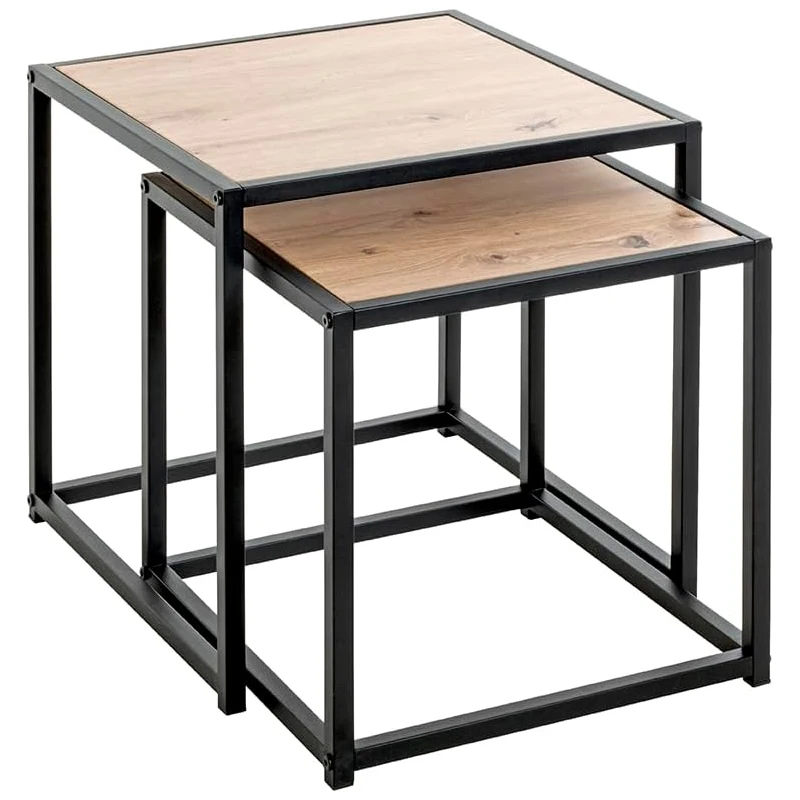 Hot Sales Set Of 2 Square Coffee Table Side Table With Steel Frame, Wooden Sofa Table For Living Room, Bedroom, Office