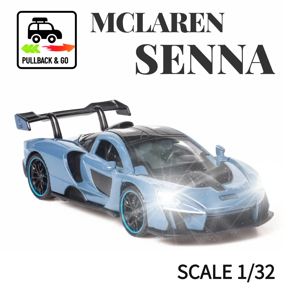 

1:32 Mclaren Senna Pullback Car Toy with Lights Engine Sound, Toyota Audi VW Scale Diecast Car Model Replica Kid Boy Play Gift