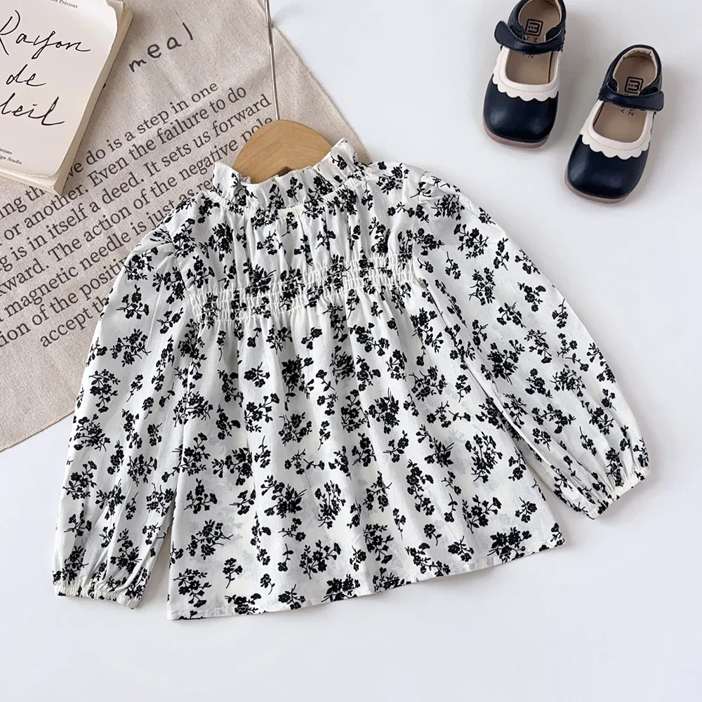 Long Sleeved Lace High Neck Top Black Floral Print Shirt Daily Basic Style Children's Clothing Spring and Autumn Girls' Clothing