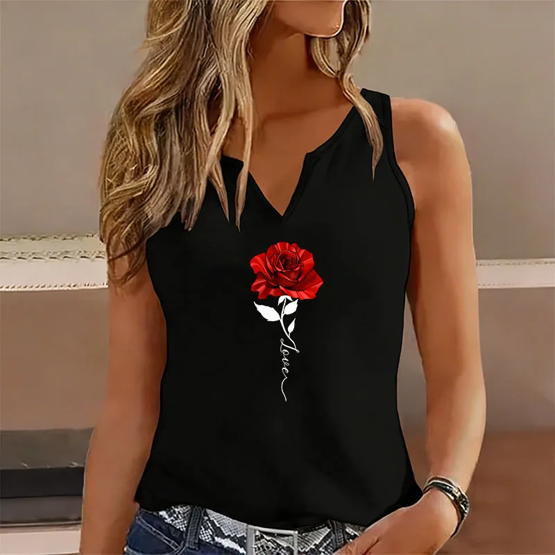 Fashion Sleeveless Tank Top T-shirt V Neck Casual Y2k Love Rose  Printed Vest T Shirts Women Short Sleeve Tee Shirt V-Neck