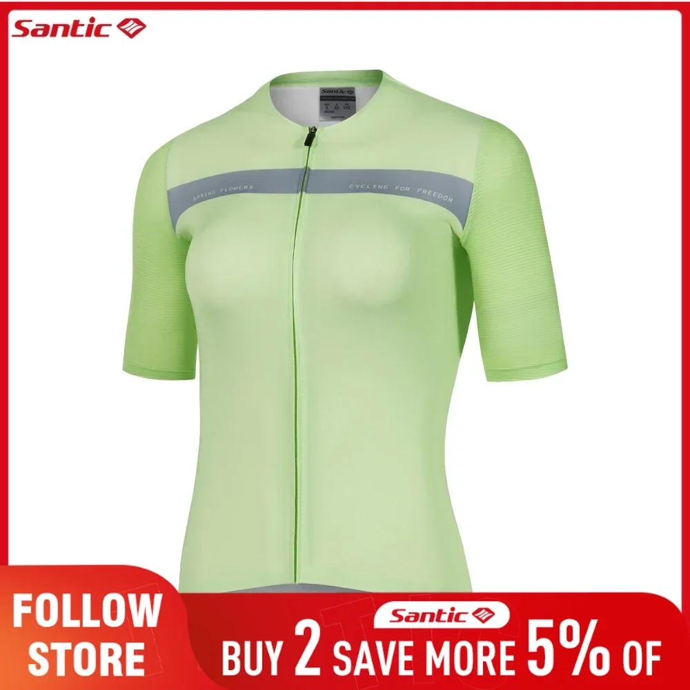 Santic Womens Cycling Jersey Summer Quick Dry Short Sleeved Bicycle Clothing Outdoor Breathable Reflective MTB/Road Biker Shirts