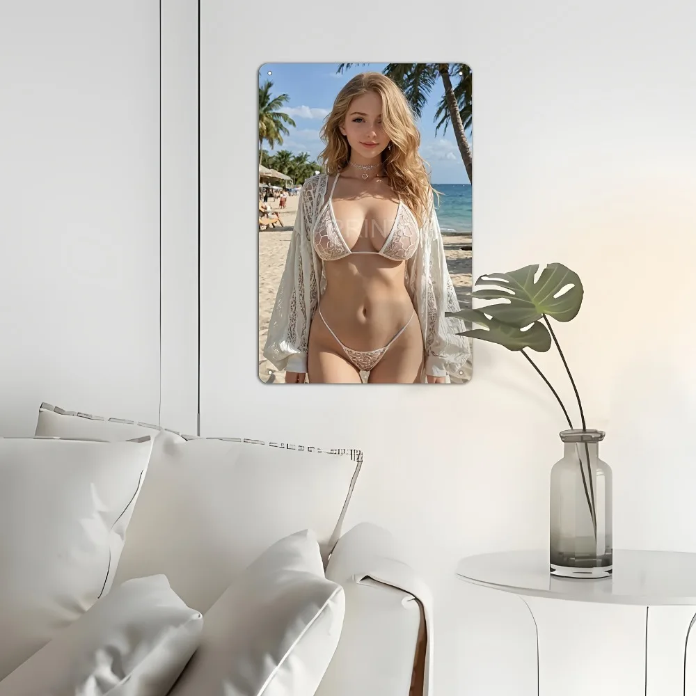Blonde Bikini Curvy Girl Sexy Model Photo Art ,2D Flat Tin Sign, Metal Wall Decor for Kitchen Bedroom Bar Office, Unframed Gift view 4
