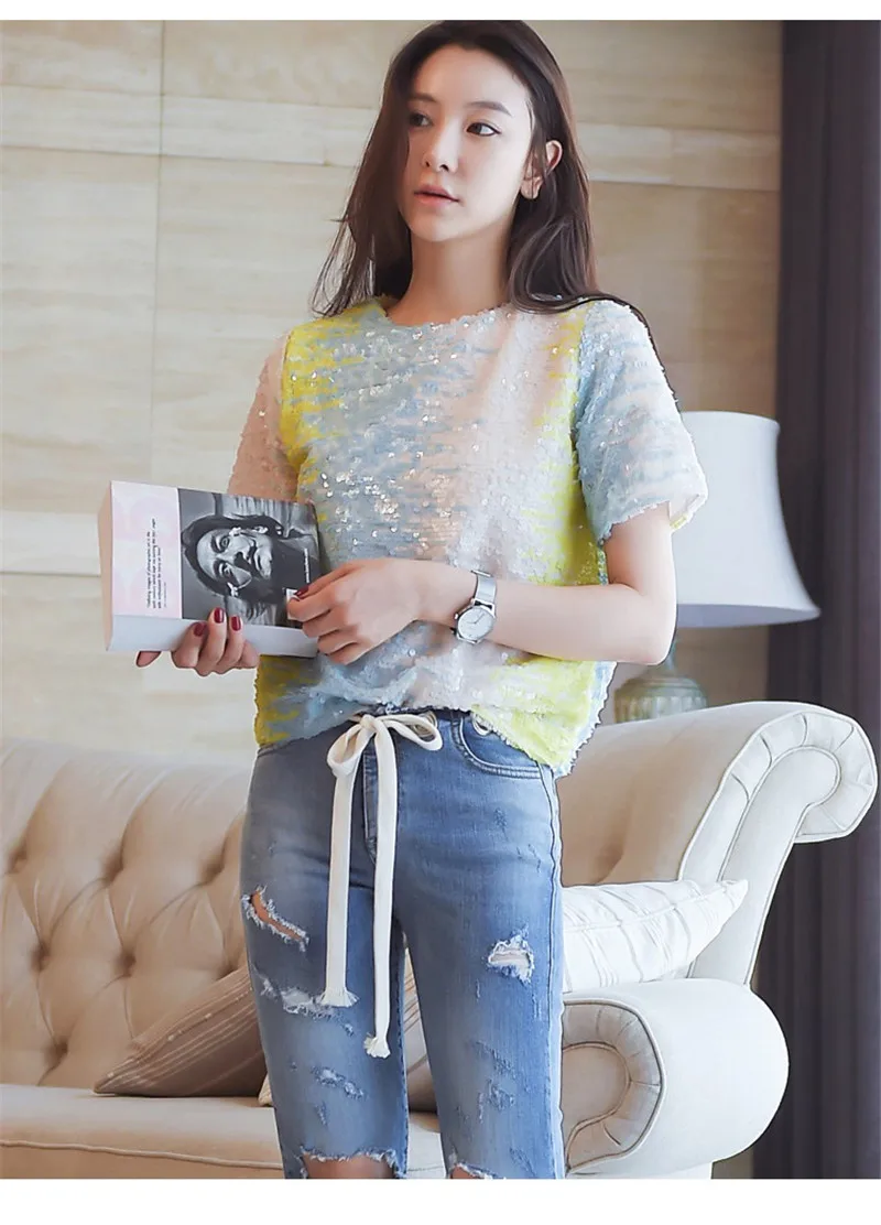 Women Sequin T-Shirt 2022 Hot Sale Summer Short Sleeves Tops Gradient Color Sequins Female Loose Tees T Shirt Pink