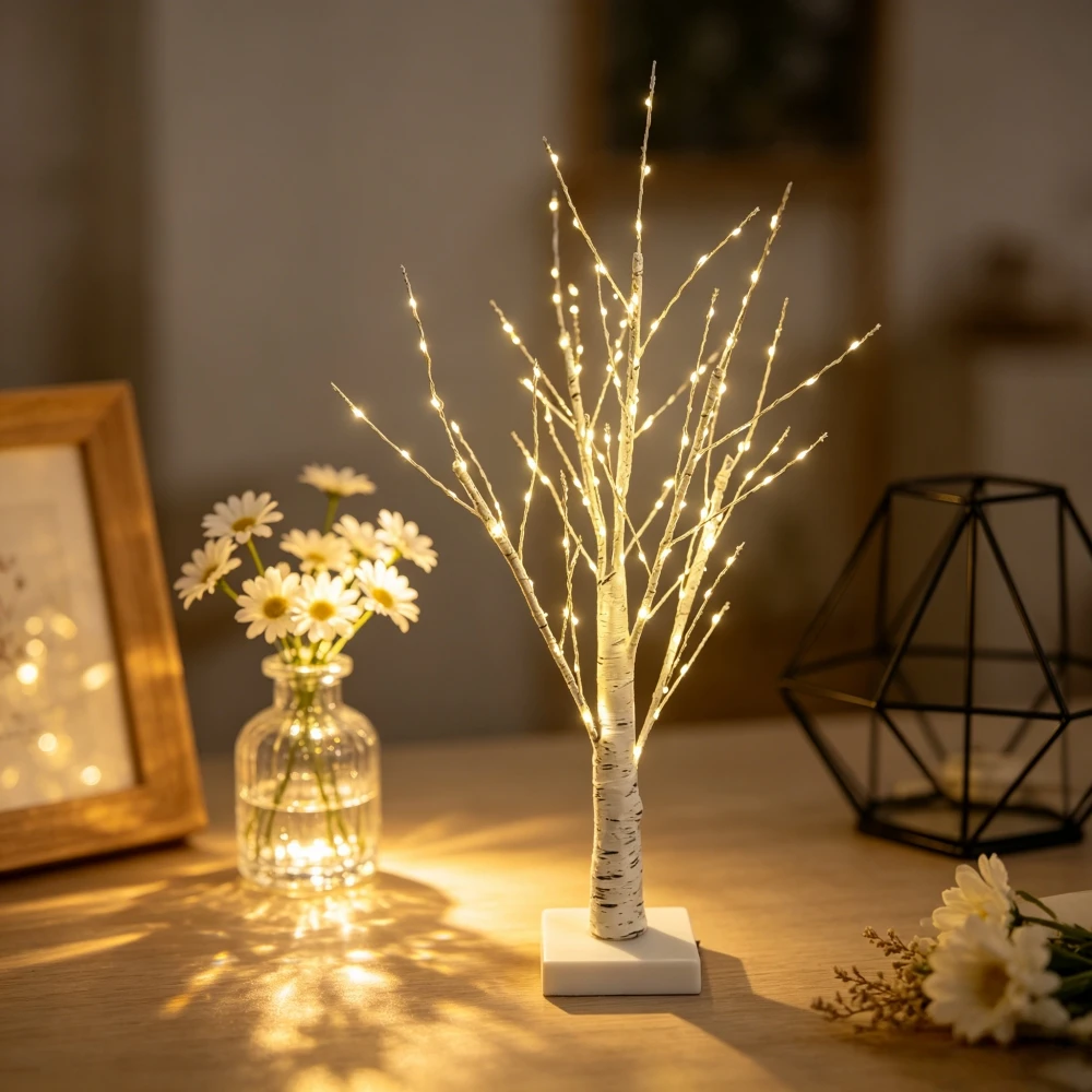 144LED White Birch Table Lamp, USB/Battery Powered, LED Desktop Night Light, Bedroom Living Room Holiday Party Decoration Light