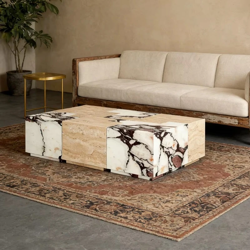 Modern retractable coffee table with limestone countertop marble frame