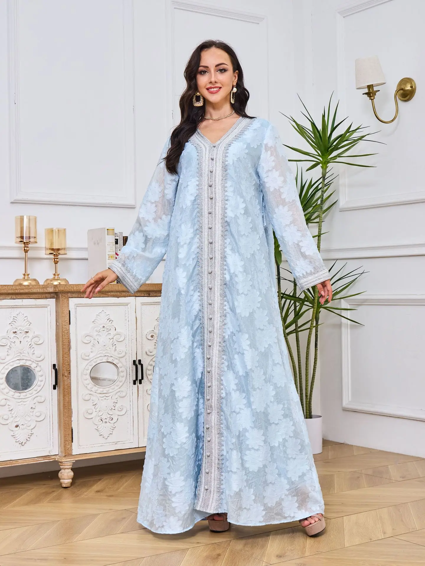 Vestido musulmán islámico de lujo a la moda con cuello en V, vestido de encaje plateado con diamantes calientes de Jacquard de Arabia Saudita de Oriente Medio