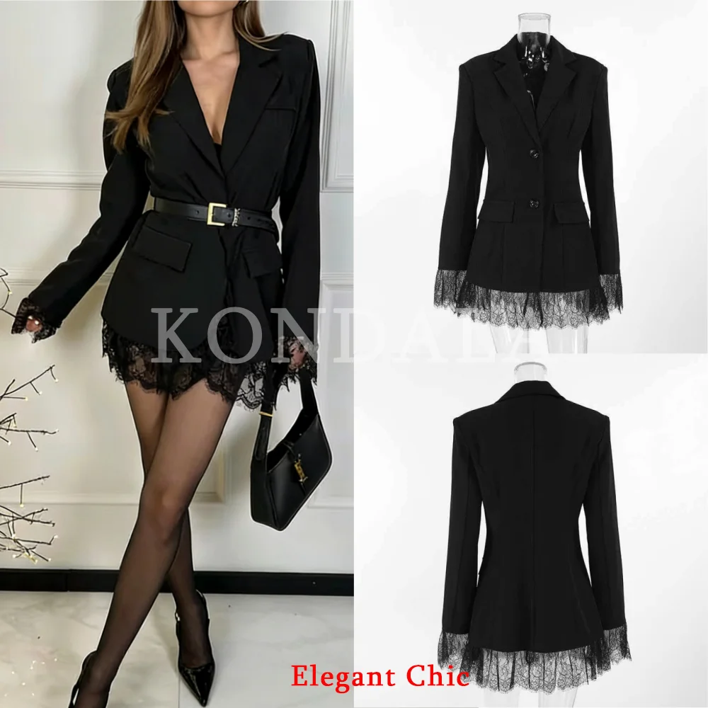 KONDALA Women Office Lady Lace Splicing Slim Blazer Tight Waist Blazer Fashion 2026 New Spring Autumn Party High Street Blazer