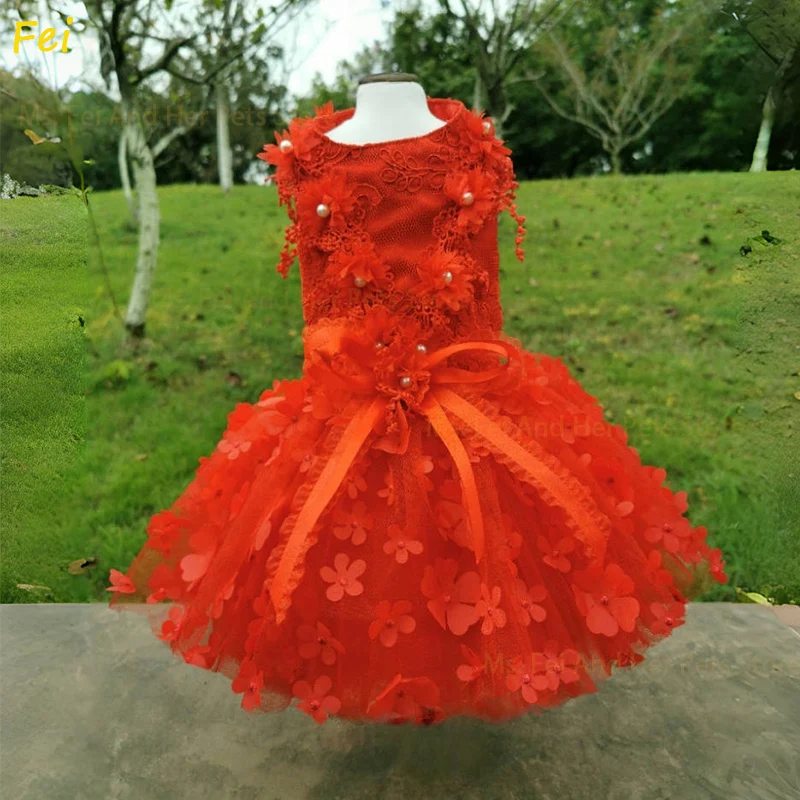 

Luxury Red Lace Flower Dog Clothes Princess Wedding Costume for Dog Dresses Apparel Clothes for Pets Dogs Party Birthday Outfit