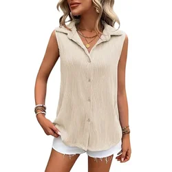 Women Sleeveless Lapel Single-breasted Cardigan Shirt Summer Comfortable Loose Casual Blouse Female Solid Color Wave Pattern Top