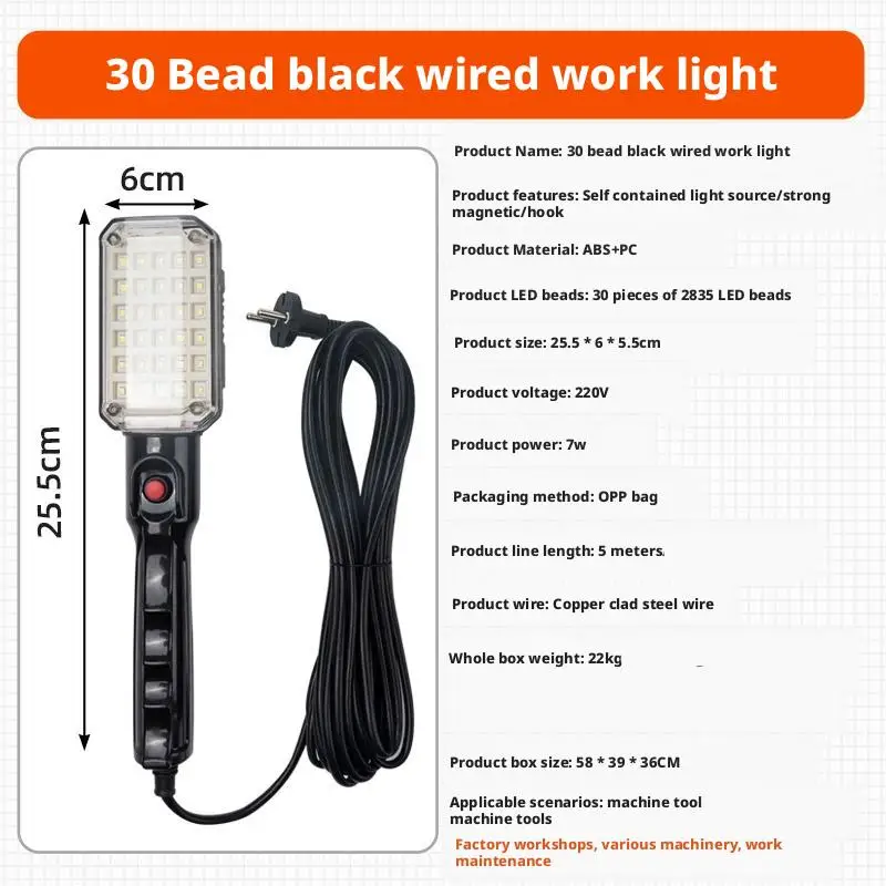 Luz de trabajo LED portátil con imán y cable de alimentación, luz de reparación automotriz para mantenimiento de automóv