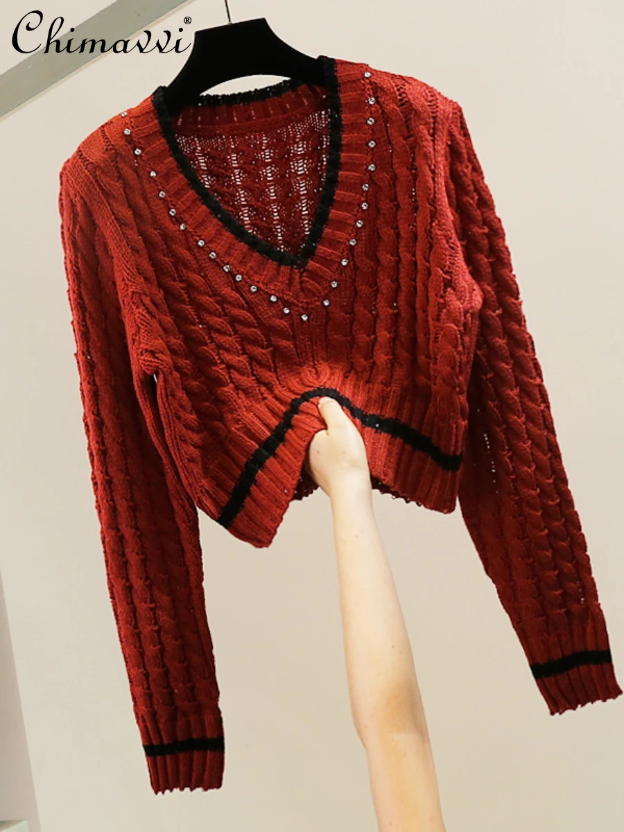 

Heavy Manual Beaded Diamond Twist Crocheted V-neck Pullover Women's Short Long Sleeve Knitted Top Fashion Loose Elegant Sweater