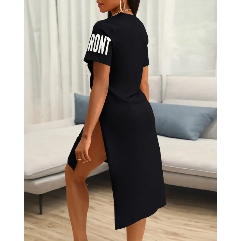 2025 Spring Summer New Women's Round Neck Short Sleeve Letter Printed T-shirt Dress Sexy Mini Dress