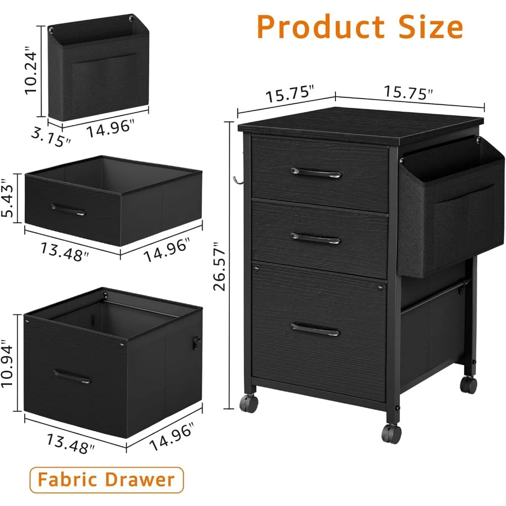 Small File Cabinets for Home Office - 3 Drawer Filing Cabinet Organizer Rolling Under Desk Mobile Printer Stand Black