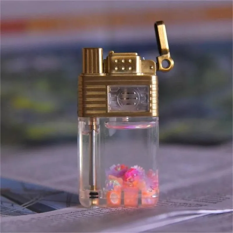 Vintage Old Money Style Lighter, Transparent Body with LED Light, Pink Flame Refillable Gas Lighter, Creative Gift for Men