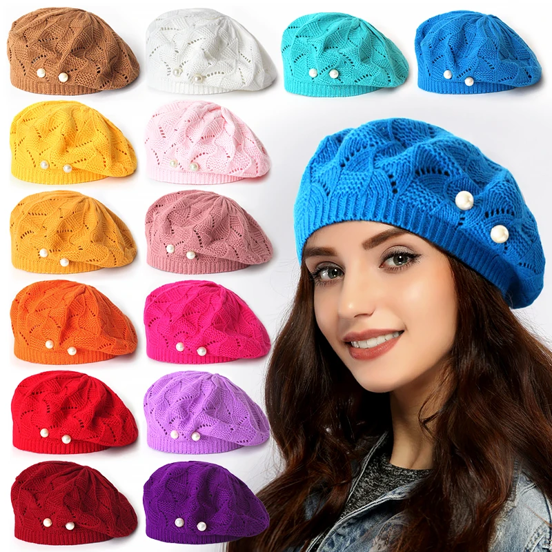 Women Two pearls Plain Color Knit Beret Hat Ladies French Artist Beret Hats Spring Casual Thin Acrylic Berets for Women Beanie