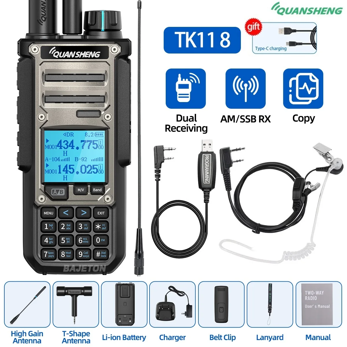Quansheng TK11 8 Walkie Talkie Ham Radio 10W Dual Ontvangst PTT 27MHz CB CW LSB LW MW SW Type-C Oplader NOAA voor UV-K5 8 TK-11 5